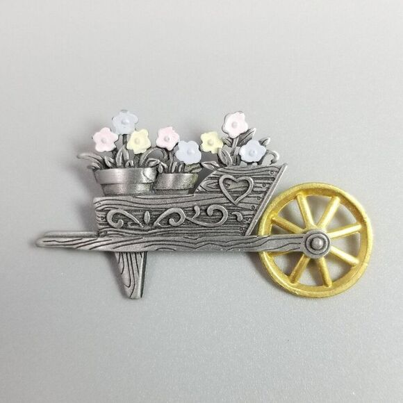 Vintage J J Flower Cart Brooch, Silver Tone with Moving Wheel Lapel Pin, Signed - Picture 2 of 7